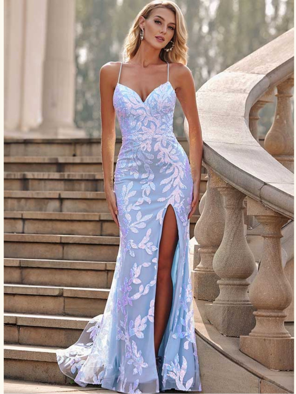 Elegant Light Blue Sequin Prom Gown with Floral Appliqué